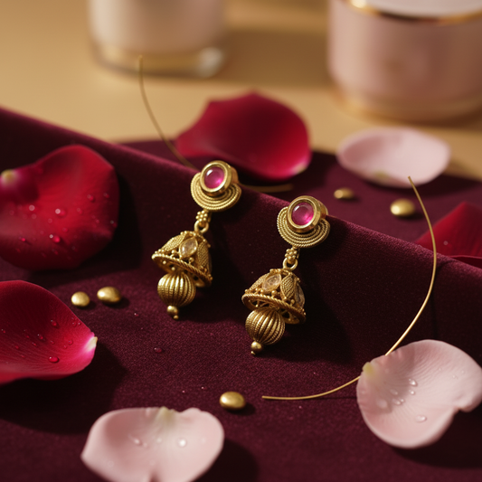 Gold earrings with pink gemstones on a white mannequin bust.