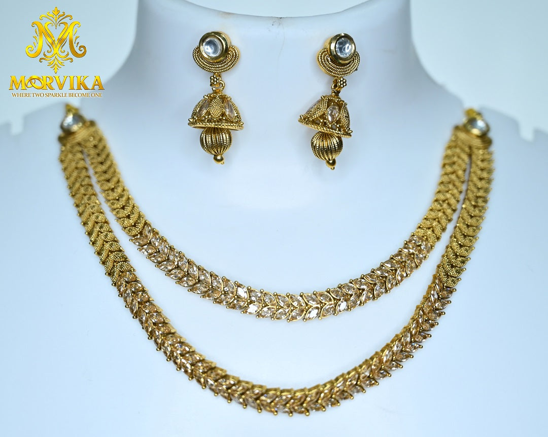 Moorvika Antique Gold Double-Layer Necklace Set with Carved Links & Traditional Jhumka Earrings