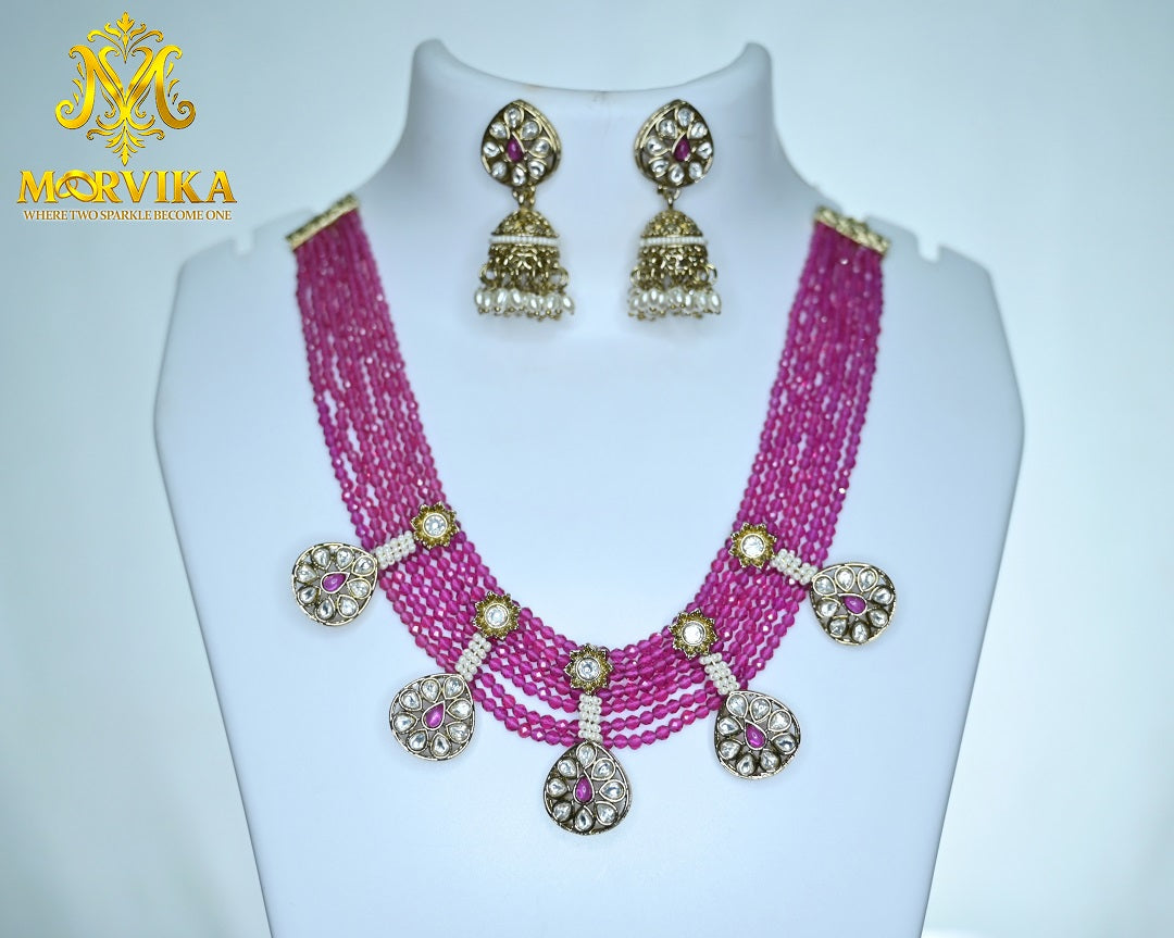 Moorvika Pink Multi-Layer Beaded Necklace Set with Kundan Droplets & Pearl Jhumka Earrings