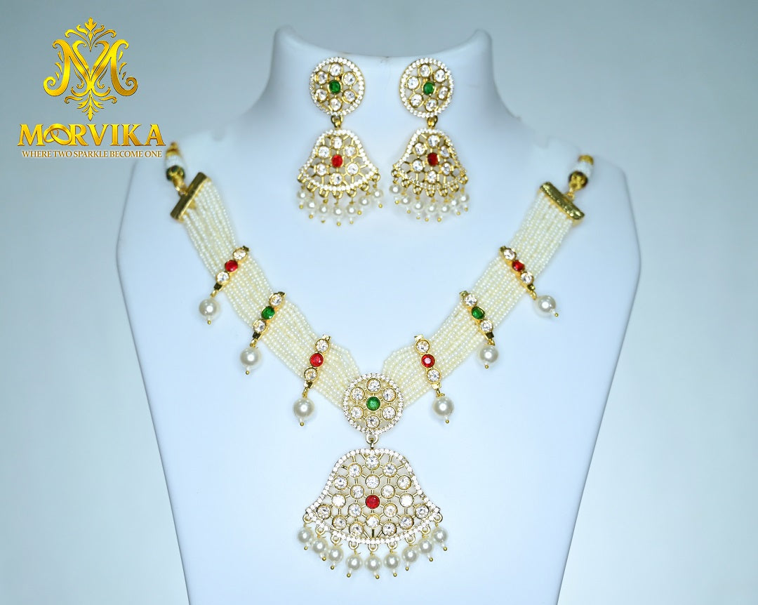 Moorvika Ivory Pearl Multi-Strand Necklace Set with Tricolour Kundan Accents & Bell Pendant