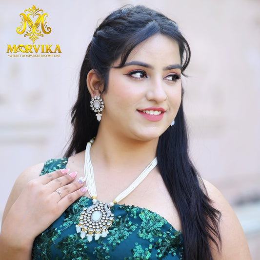 Moorvika Ivory Layered Bead Necklace Set with Grand Kundan Pendant & Matching Earrings