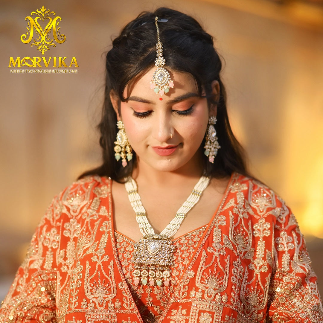 Moorvika Pastel Kundan Long Necklace Set with Maang Tikka