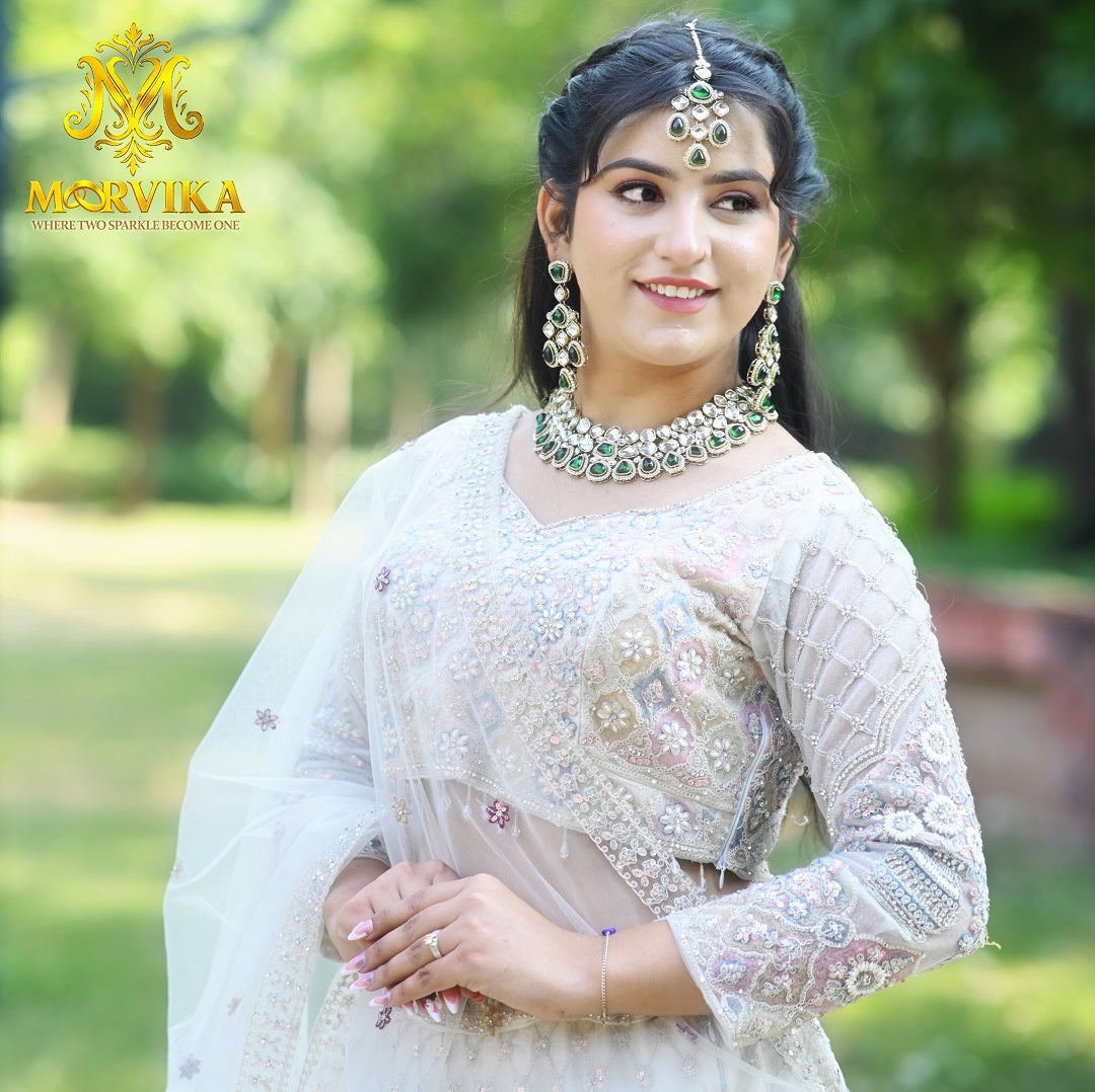 Green Polki Kundan Choker Necklace with Earrings & Maang Tikka