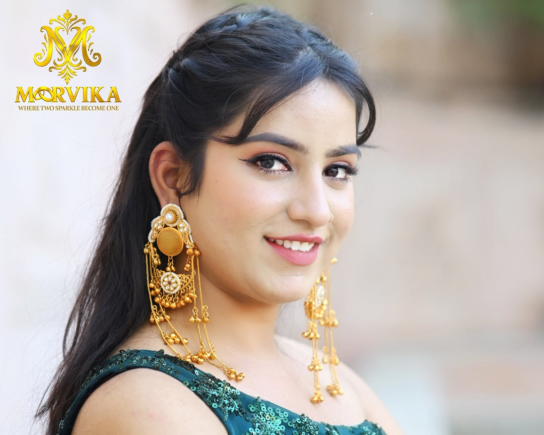 Moorvika Royal Filigree Long Dangler Earrings with Multi-Chain Ghungroo Drops & Pearl Detailing