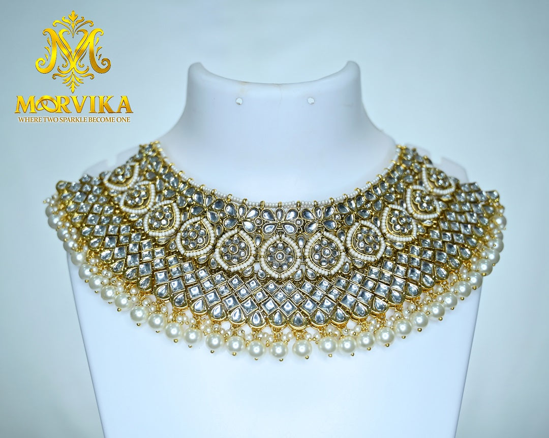 Moorvika Grand Pearl Layered Kundan Choker Set with Heavy Jhumka Earrings