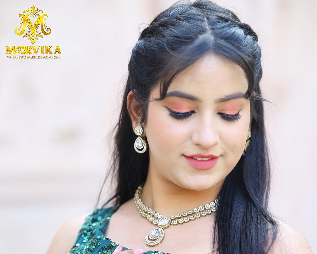 Moorvika Signature Kundan Pearl Choker Set with Teardrop Pendant & Matching Earrings