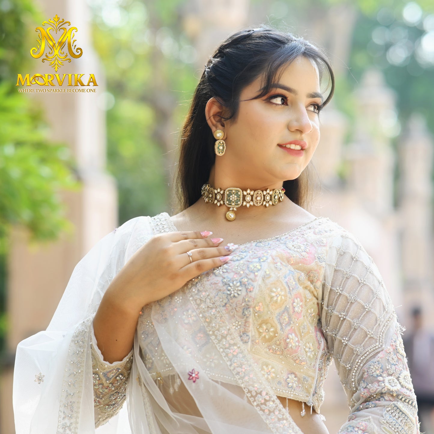 Moorvika Green Enamel Kundan Choker Necklace Set