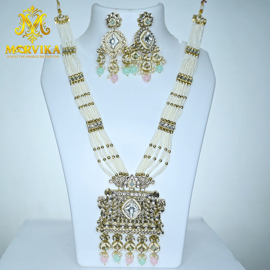 Moorvika Pastel Kundan Long Necklace Set with Maang Tikka