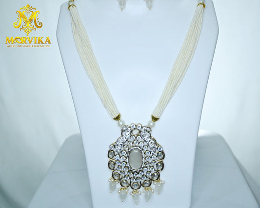 Moorvika Ivory Layered Bead Necklace Set with Grand Kundan Pendant & Matching Earrings
