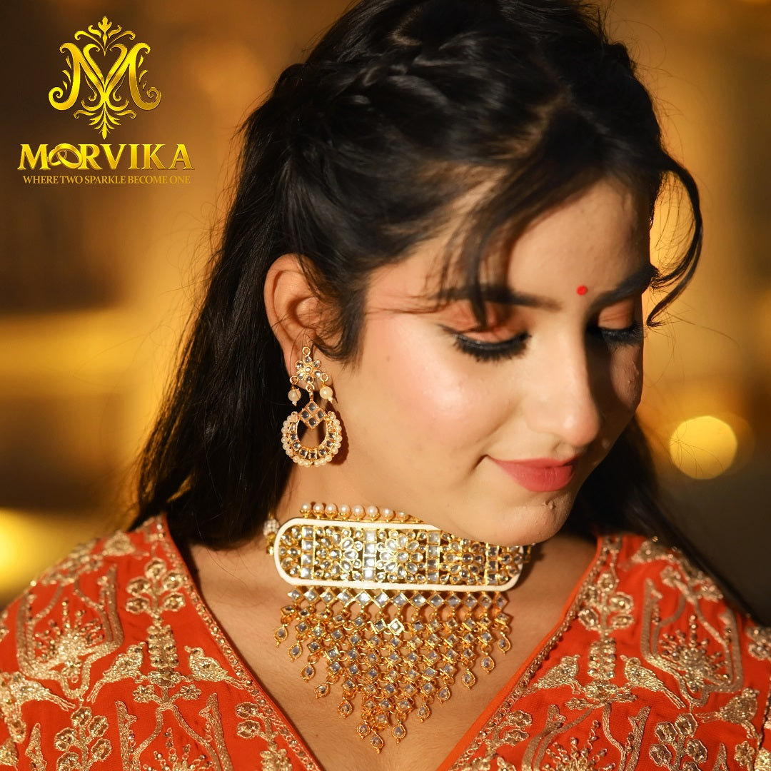 Regal Kundan Pearl Choker Necklace Set with Earrings