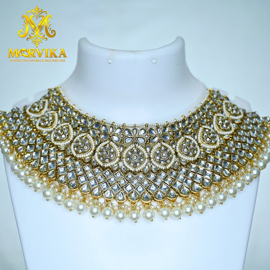 Moorvika Grand Pearl Layered Kundan Choker Set with Heavy Jhumka Earrings