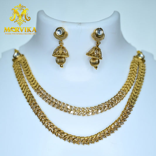 Moorvika Antique Gold Double-Layer Necklace Set with Carved Links & Traditional Jhumka Earrings