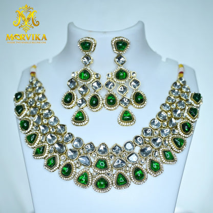 Green Polki Kundan Choker Necklace with Earrings & Maang Tikka