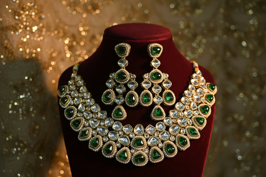 Green and gold jewelry set on a mannequin bust against a white background