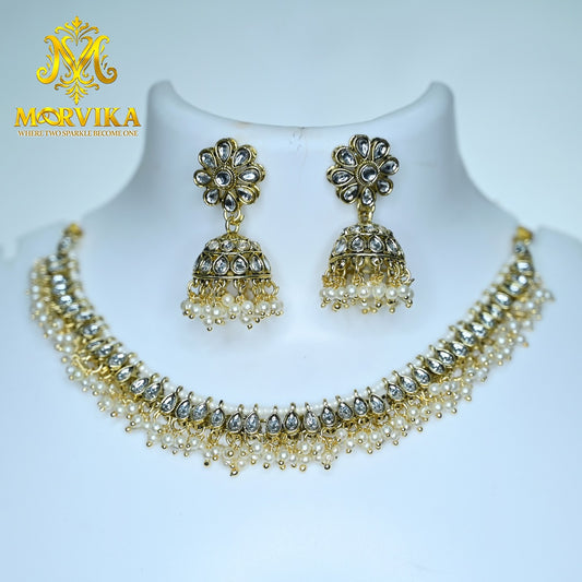 Classic Kundan Pearl Choker Necklace Set with Jhumka Earrings