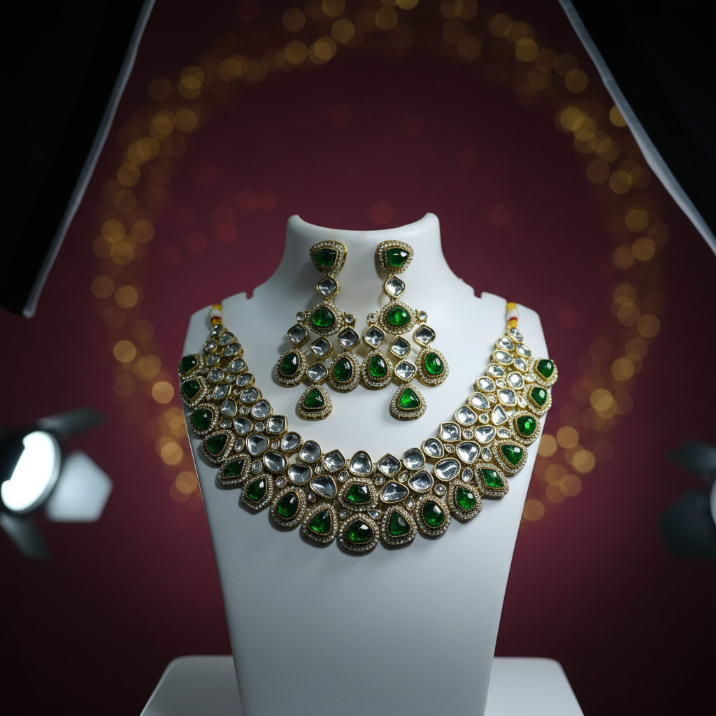 Green and gold jewelry set on a mannequin bust against a white background