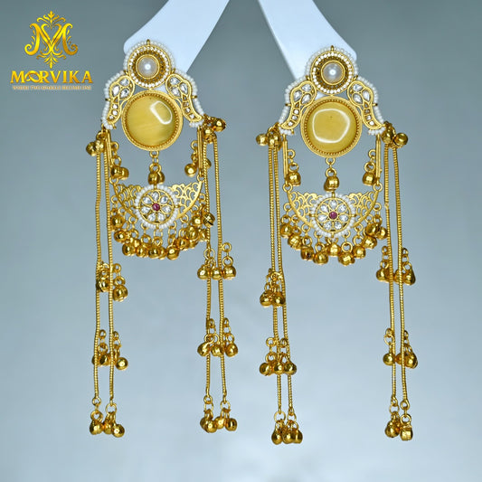Moorvika Royal Filigree Long Dangler Earrings with Multi-Chain Ghungroo Drops & Pearl Detailing