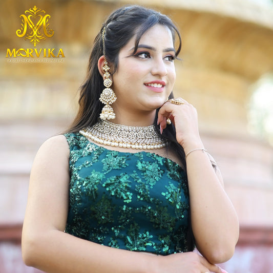 Moorvika Grand Pearl Layered Kundan Choker Set with Heavy Jhumka Earrings