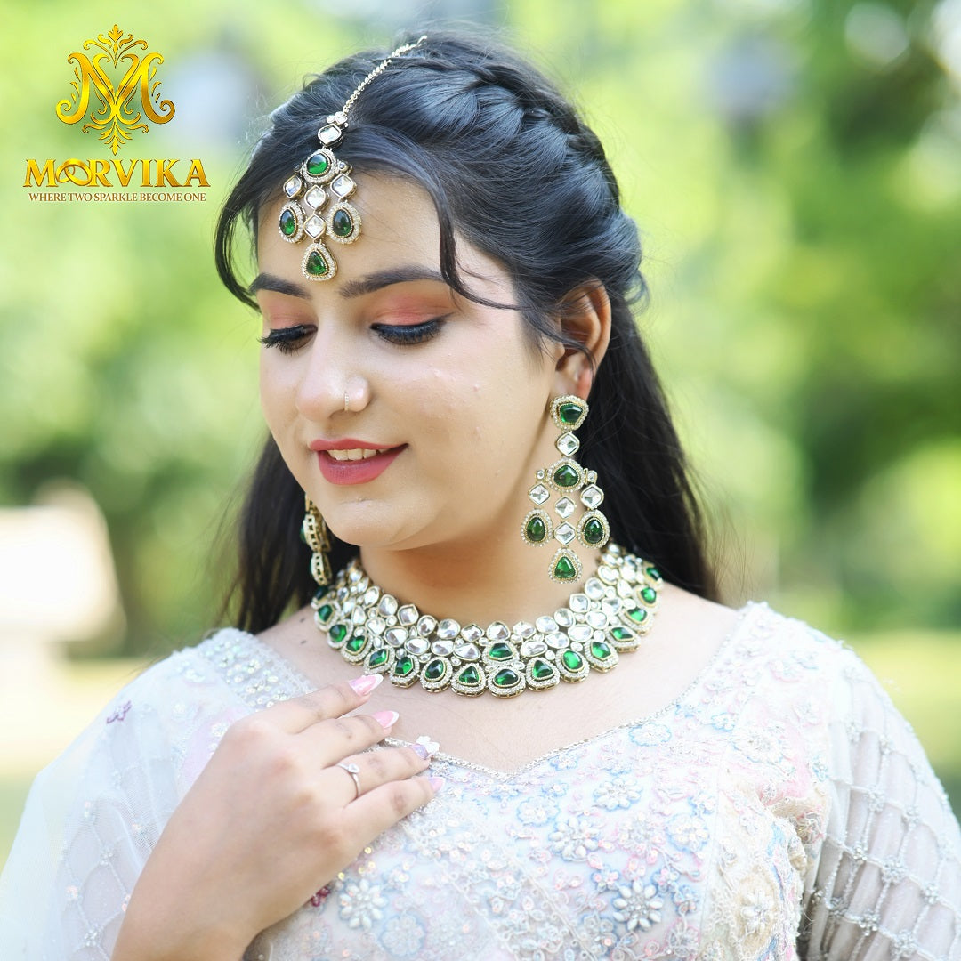 Green Polki Kundan Choker Necklace with Earrings & Maang Tikka