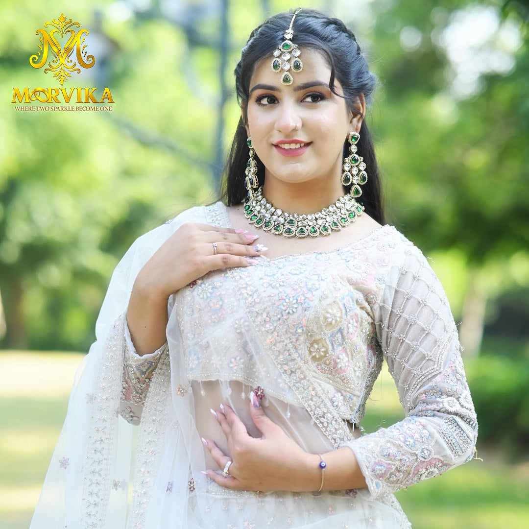 Green Polki Kundan Choker Necklace with Earrings & Maang Tikka