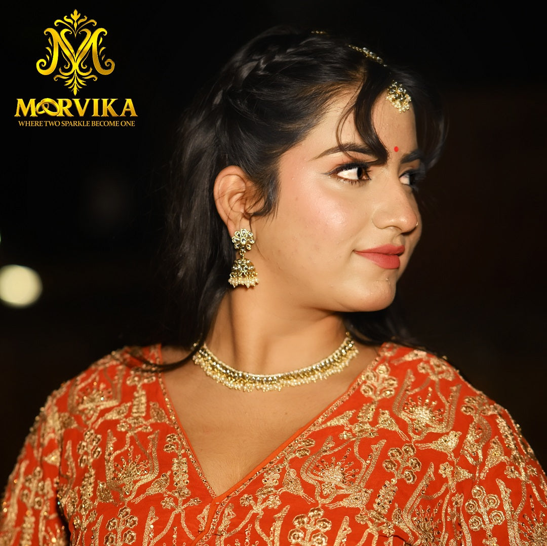 Classic Kundan Pearl Choker Necklace Set with Jhumka Earrings