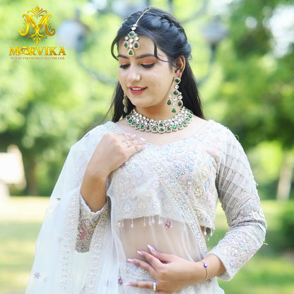 Green Polki Kundan Choker Necklace with Earrings & Maang Tikka