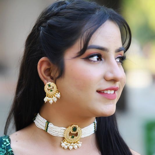 Moorvika Ivory Beaded Kundan Choker Set with Gold-Toned Pendant & Matching Earrings