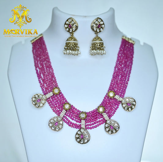 Moorvika Pink Multi-Layer Beaded Necklace Set with Kundan Droplets & Pearl Jhumka Earrings