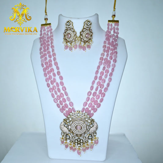 Moorvika Pastel Pink Beaded Layered Necklace Set with Grand Kundan Pendant & Matching Earrings