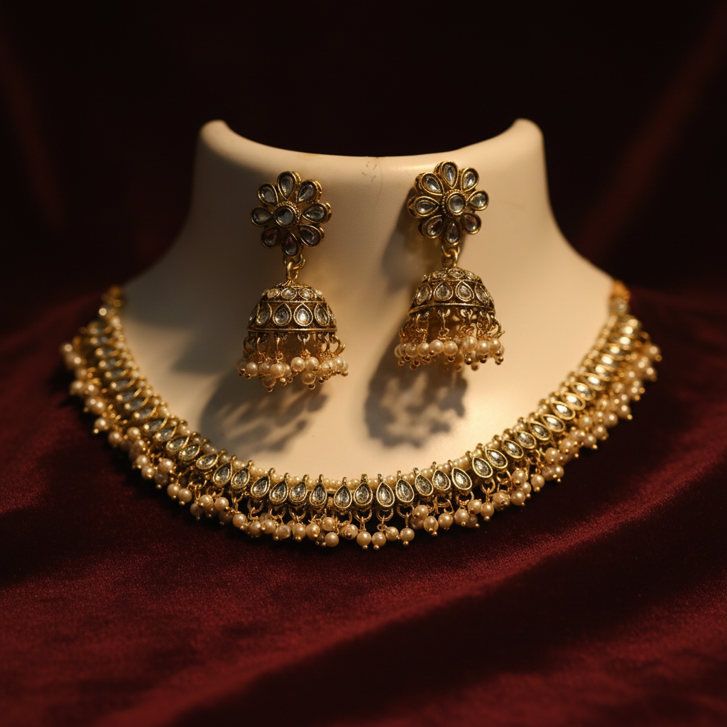 Gold and pearl necklace and earrings set on a mannequin bust.