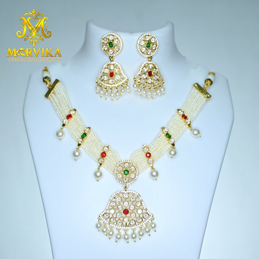 Moorvika Ivory Pearl Multi-Strand Necklace Set with Tricolour Kundan Accents & Bell Pendant