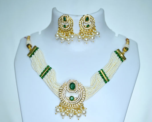 Moorvika Ivory Beaded Kundan Choker Set with Gold-Toned Pendant & Matching Earrings