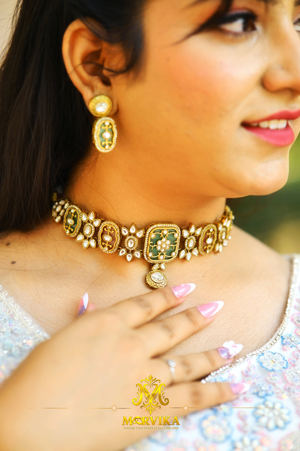 Morvika Green Kundan Enamel Choker Set
