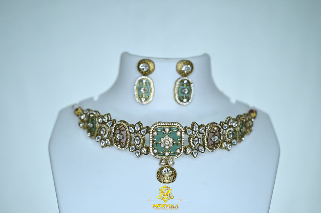 Morvika Green Kundan Enamel Choker Set