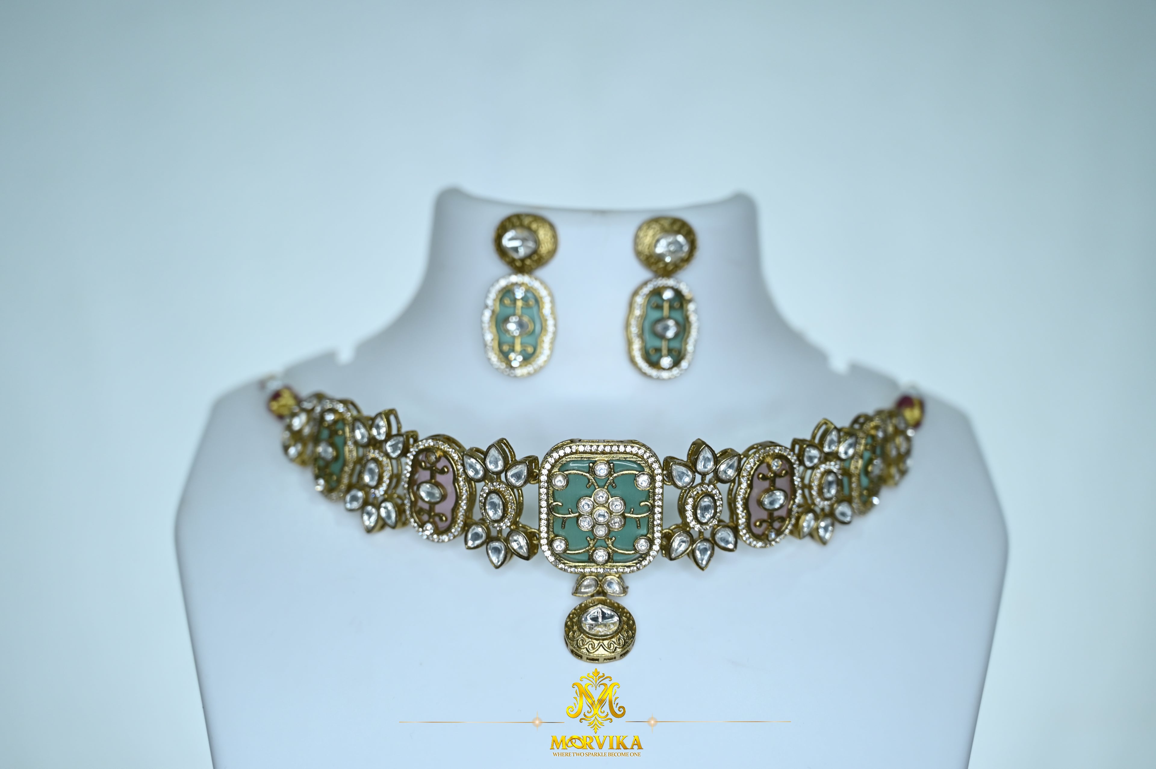 Morvika Green Kundan Enamel Choker Set