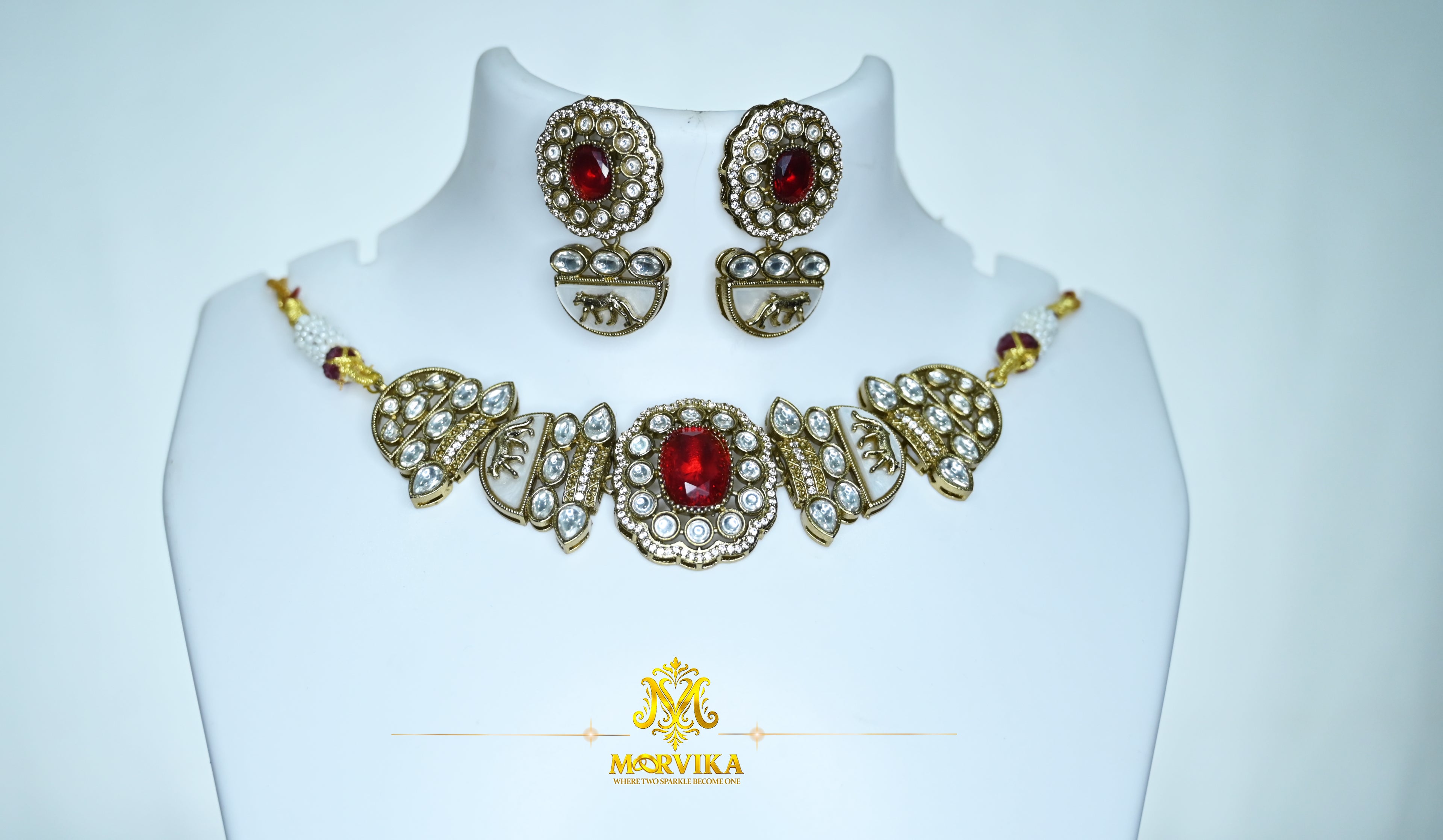 Morvika Red Polki Kundan Necklace Set