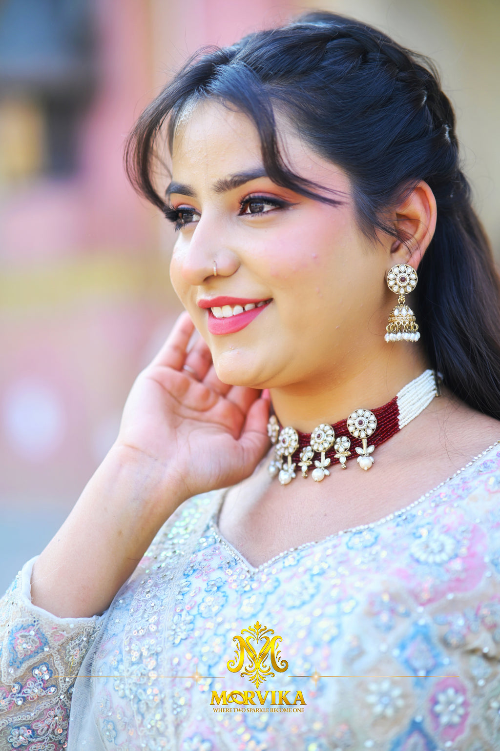 Morvika Ruby Kundan Layered Necklace Set