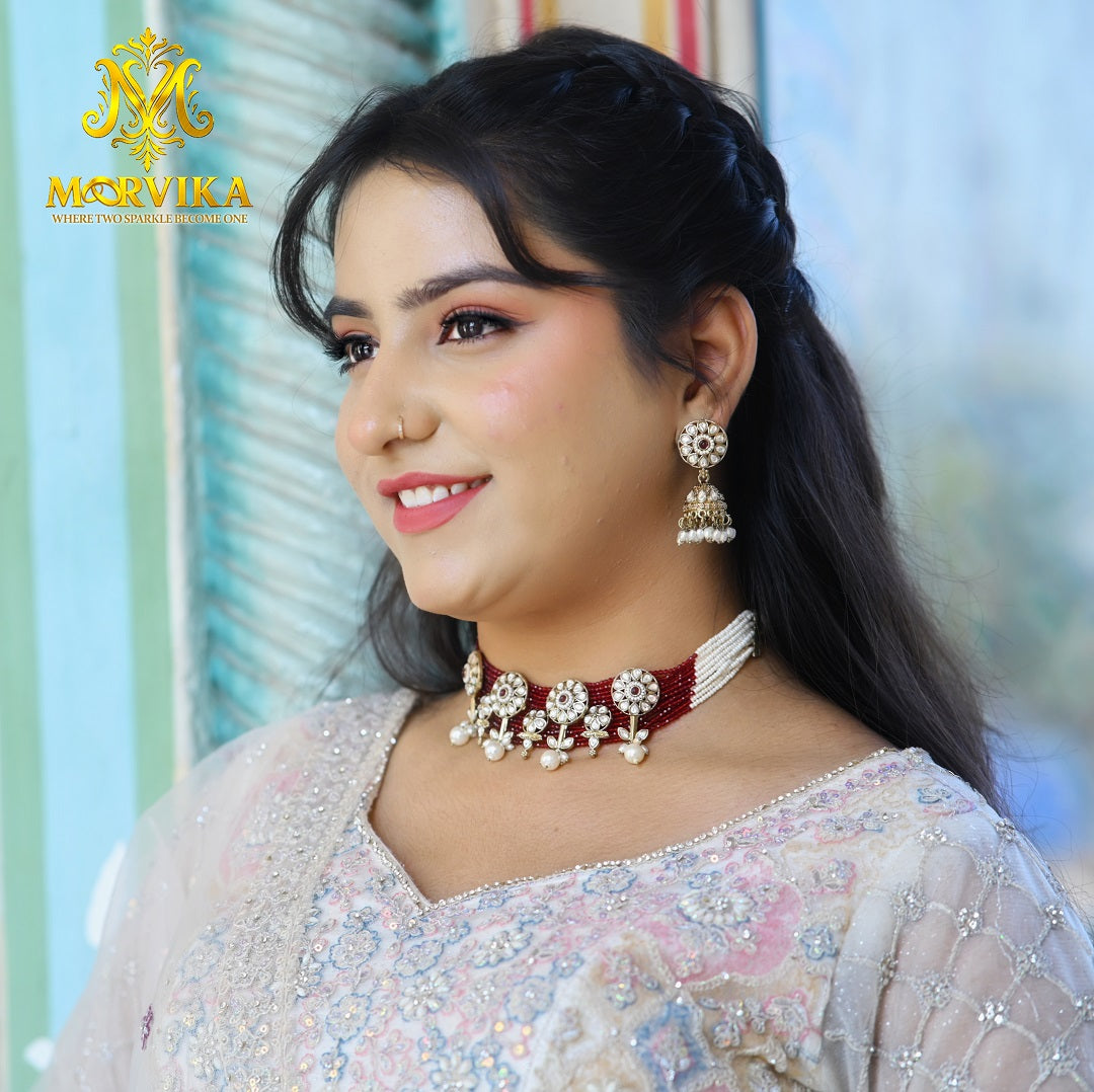 Bridal Ruby & Kundan Beaded Choker with Jhumka Earrings