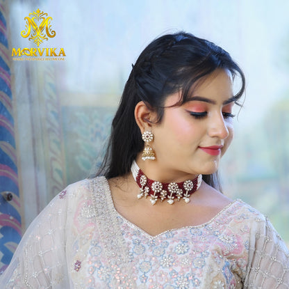 Bridal Ruby & Kundan Beaded Choker with Jhumka Earrings