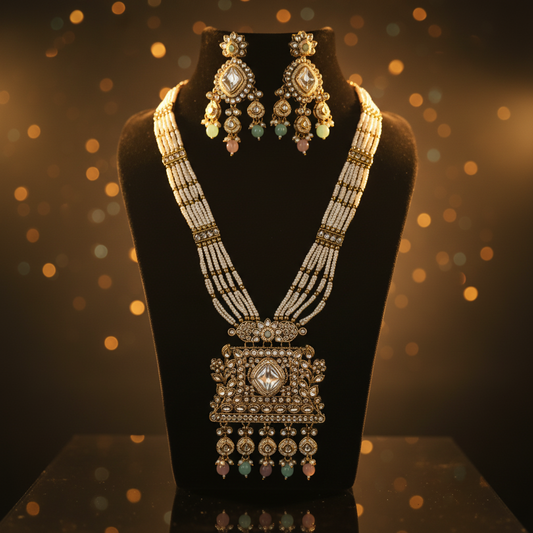 Ornate necklace and earrings set on a mannequin bust against a white background