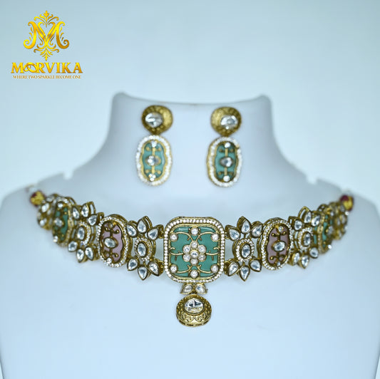 Moorvika Green Enamel Kundan Choker Necklace Set